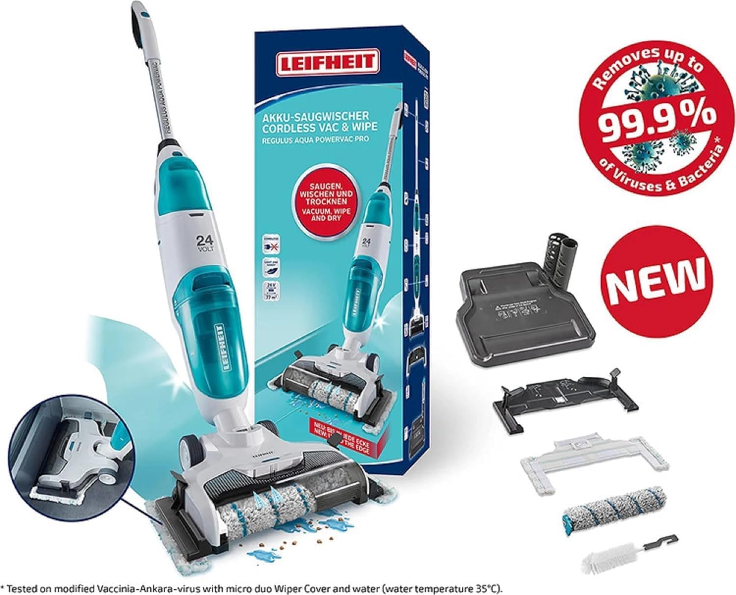 Leifheit Set Akku Saugwischer Regulus Aqua PowerVac inkl. zwei Ersatzrollen, saugen und wischen, Nasssauger mit leistungsstarken 24V, kabelloser Waschsauger mit Standfunktion, 22 min Akku-Laufzeit