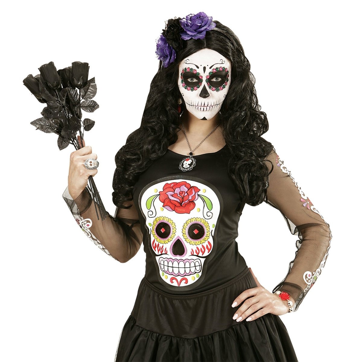 Dia De Los Muertos Haarband Zwart Paars Bloemen