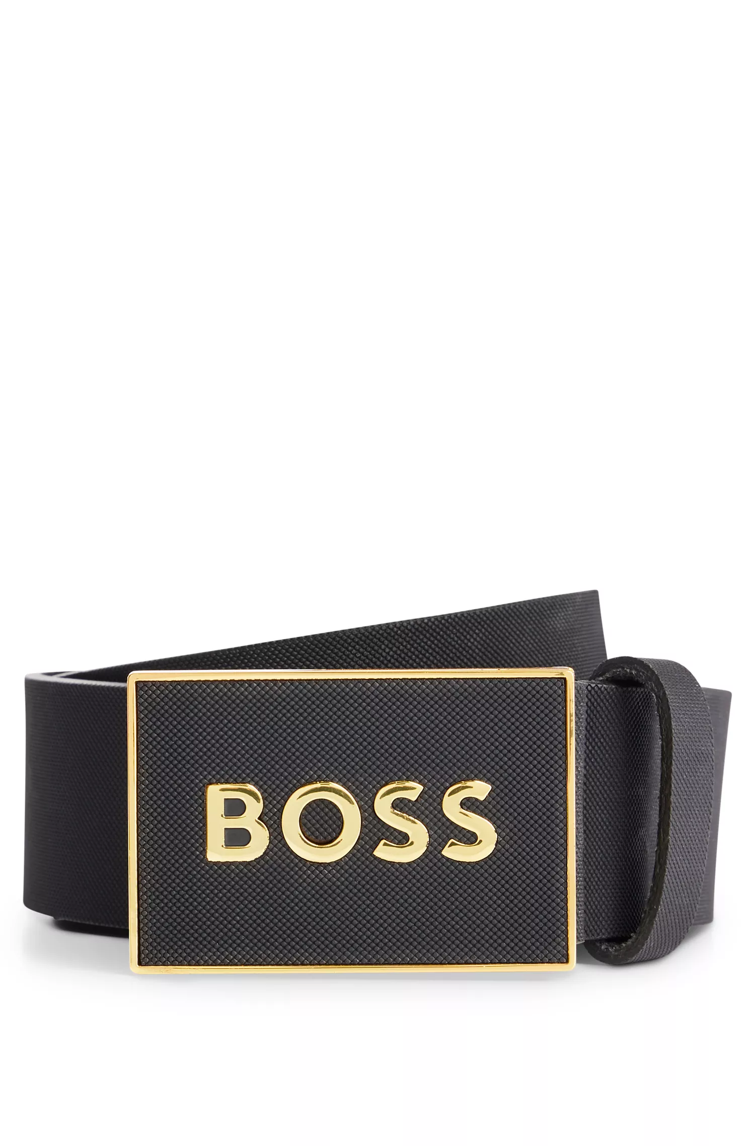 Cinto BOSS em couro italiano preto com fivela de placa texturizada