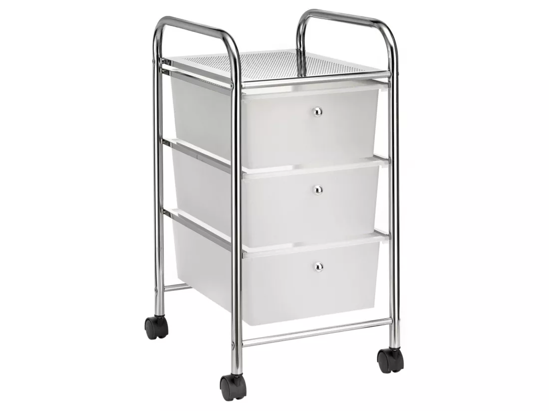Caisson sur roulettes GINA chariot avec 3 tiroirs en plastique blanc transparent et 1 étagère, rangement salle de bain métal chromé