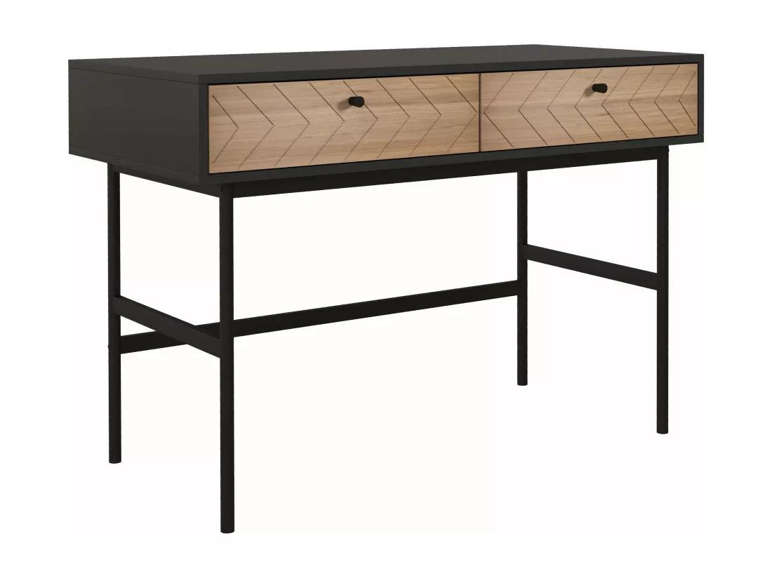 Bureau secrétaire style graphique - 2 tiroirs façades chevrons - acier noir aspect bois