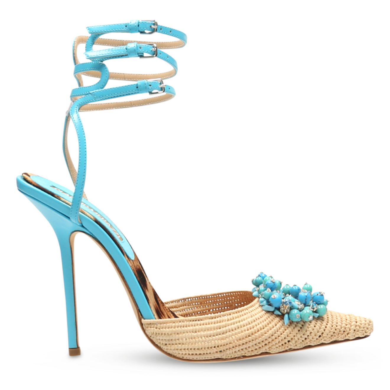 Claudio Merazzi Sandales Cameron en Cuir et Raphia écru/turquoise