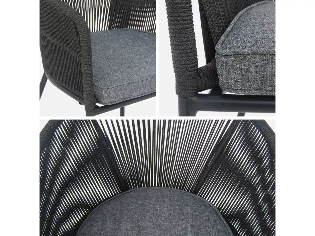 Lot de 2 fauteuils de jardin en corde noire et acier galvanisé. coussin gris