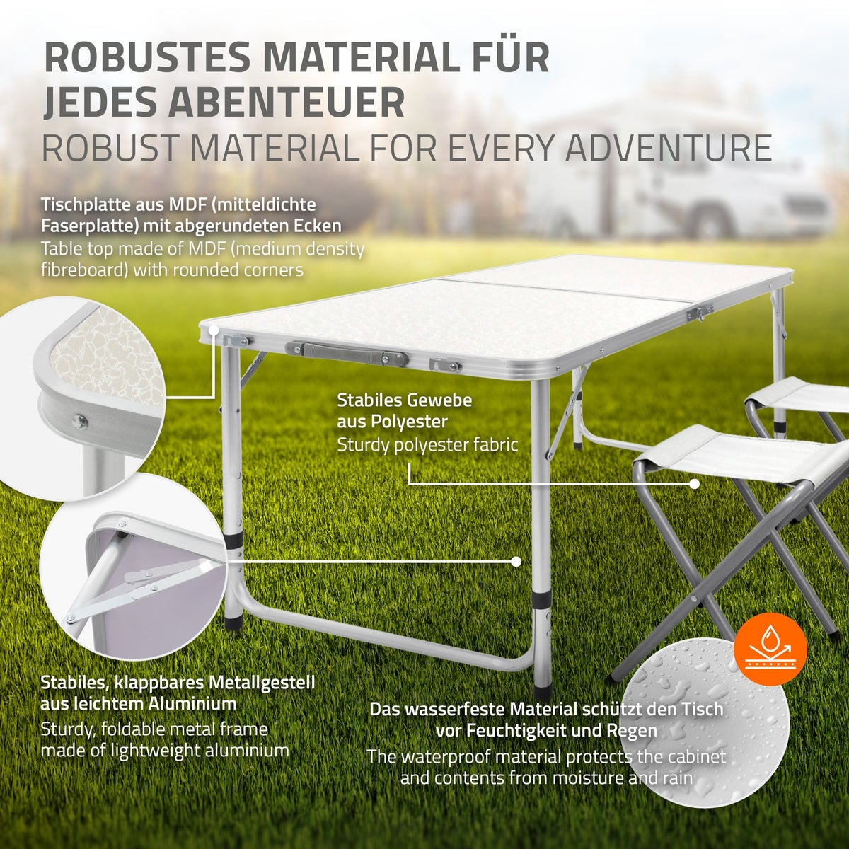 ECD Germany Campingtafelset met 4 krukken, 120x60x55/63/70 cm, in hoogte verstelbaar, opvouwbaar, wit/crème, gemaakt van aluminium en MDF, kampeermeubelset, opvouwbaar meubilair, opvouwbare tafel, tuintafel met 4 stoelen