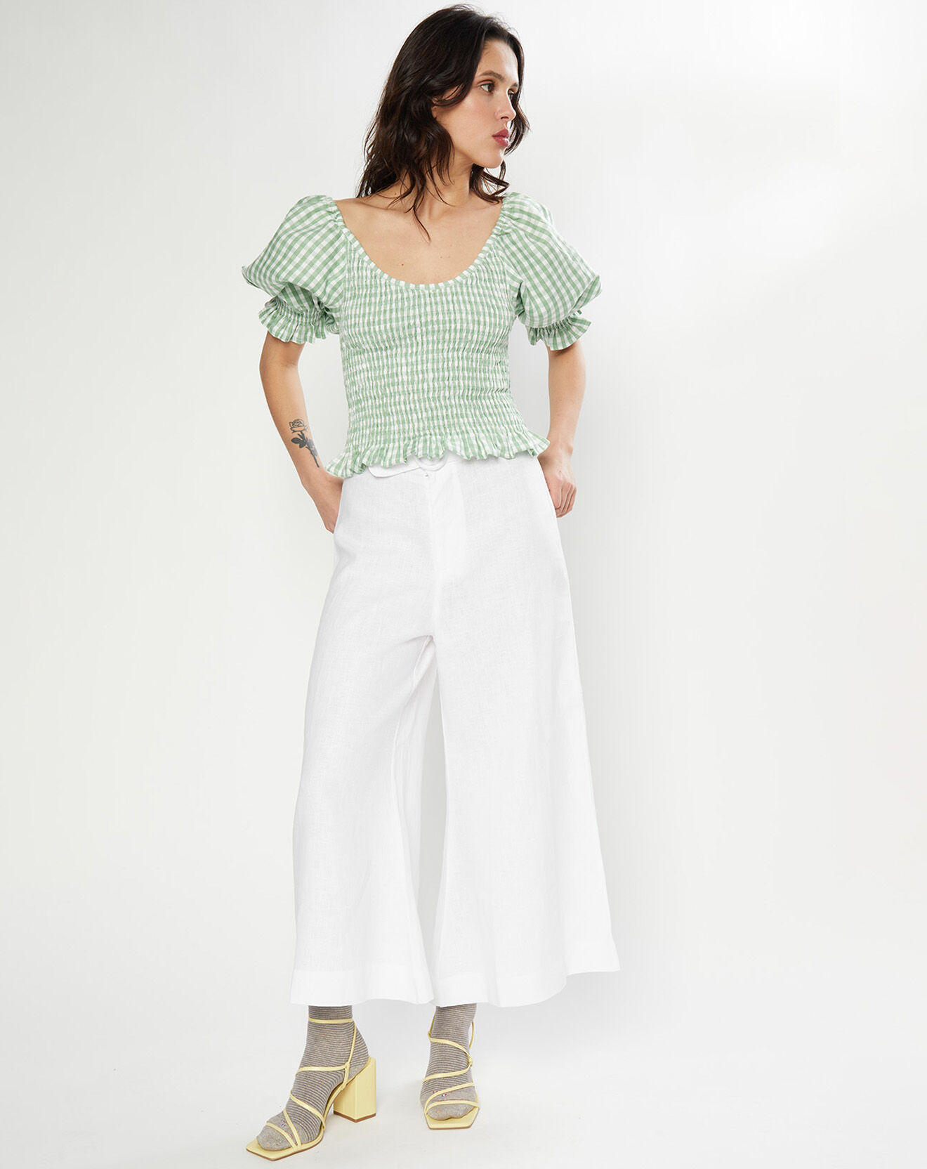 Faithfull the Brand Top 100% Lin Lindy à carreaux vert