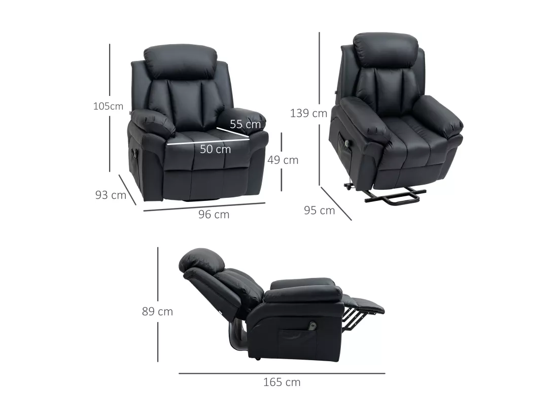 Fauteuil releveur inclinable avec repose-pied ajustable - fauteuil de relaxation électrique - revêtement synthétique noir
