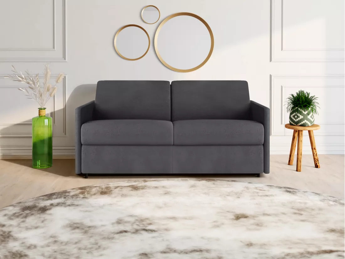 Canapé 3 places convertible express en tissu gris - Couchage à lattes larges 140 cm - Matelas 18 cm CALIFE