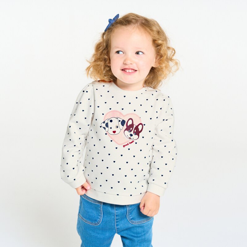 Sweat molleton chiens cœurs blanc bébé fille Beige