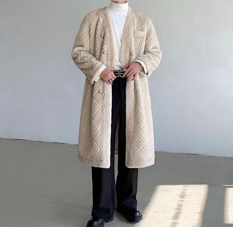 Freehop - V-hals effen fleece midi-dubbelrijsjas