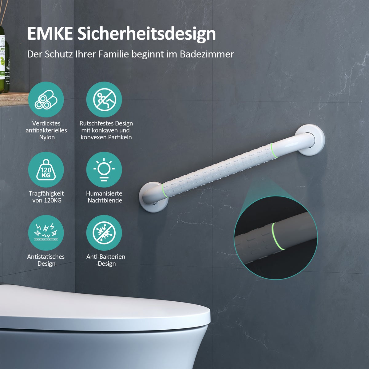 EMKE-beugels voor senioren – antislip badkamerbeugel met lichtringen, 50 cm douchegreep en douchebeugel voor veilig gebruik in douche, bad of badkuip