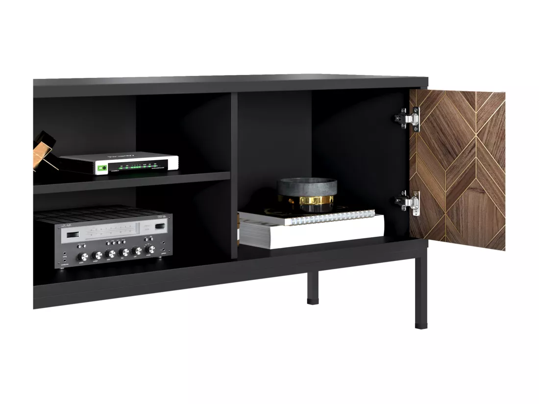 Meuble TV avec 2 portes et 2 niches - Noir et Naturel foncé - MIALINE
