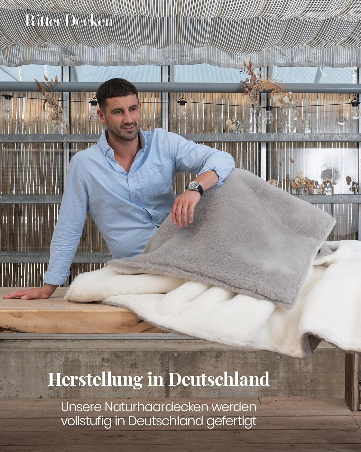 Ritter Decken La Paz Alpakadecke 140 x 200 cm - Grau-Weiß - Hochwertige Decke mit Fell-Charakter aus Alpakahaar - Weiche Naturhaardecke - Made in Germany