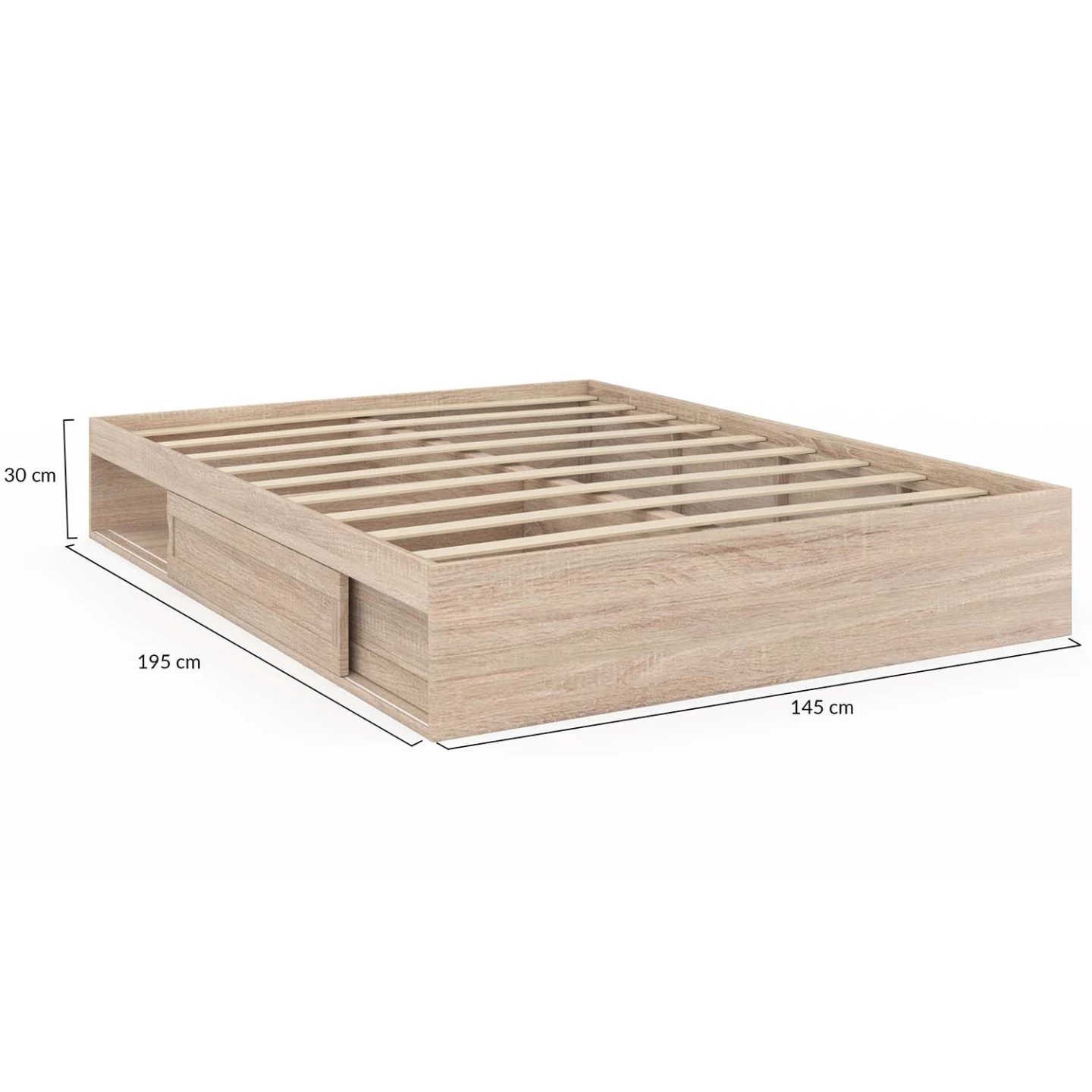 Cadre de lit double SALEM avec rangements et sommier 140 x 190 cm façon hêtre