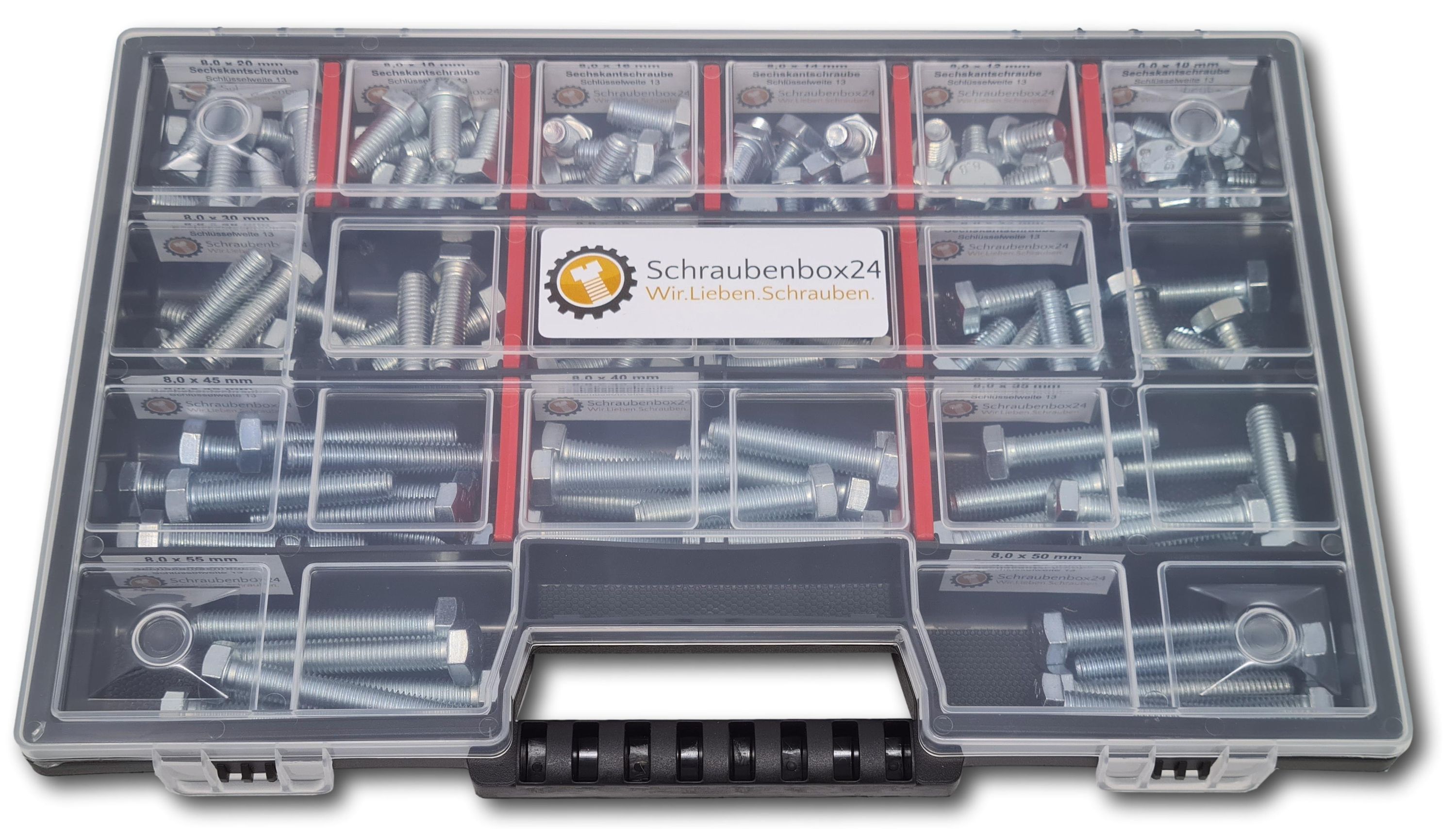 Sechskantschrauben Sortiment M8 // 10mm-55mm 130 tlg. Schraubenbox DIN 933 Vollgewindeschrauben Maschinenschrauben Gewindeschrauben Sechskantschrauben