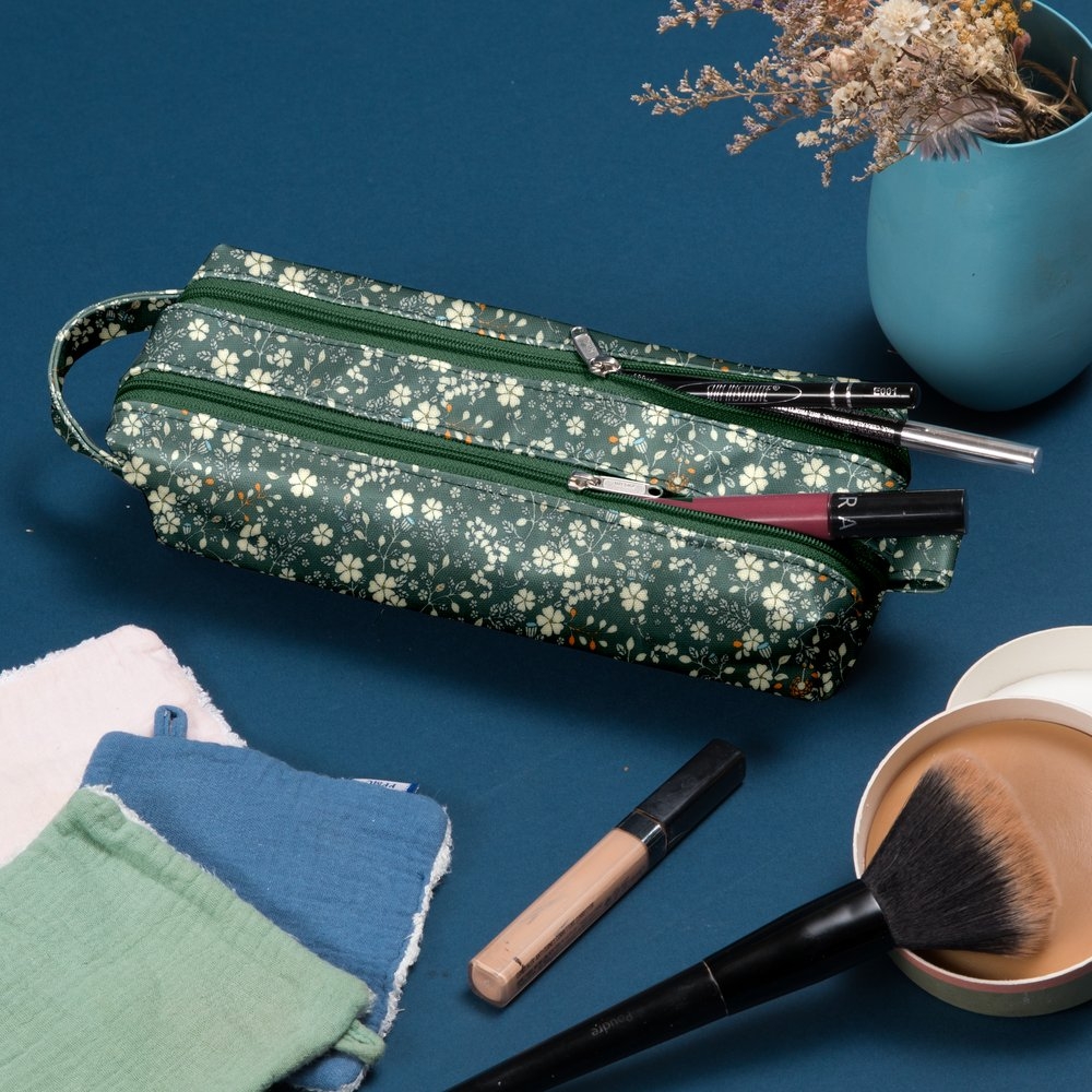Trousse Double Compartiment Fleuri Kaki