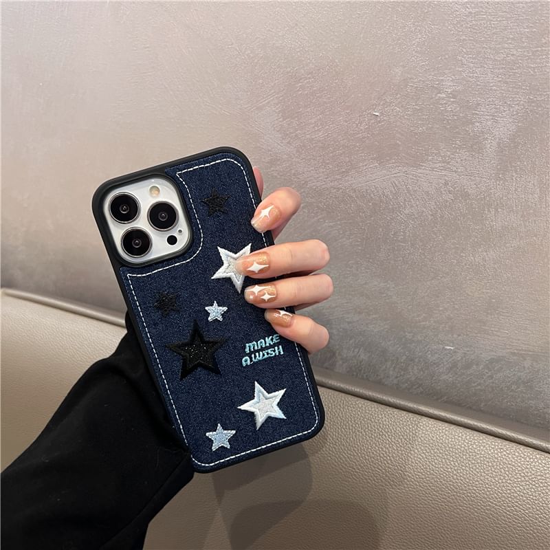 Edgin - Ster geborduurd denim telefoonhoesje - iPhone 16 Pro Max / 16 Pro / 16 Plus / 16 / 15 Pro Max / 15 Pro / 15 Plus / 15 / 14 Pro Max / 14 Pro / 14 Plus / 14 / 13 Pro Max / 13 Pro / 13 / 13 Mini