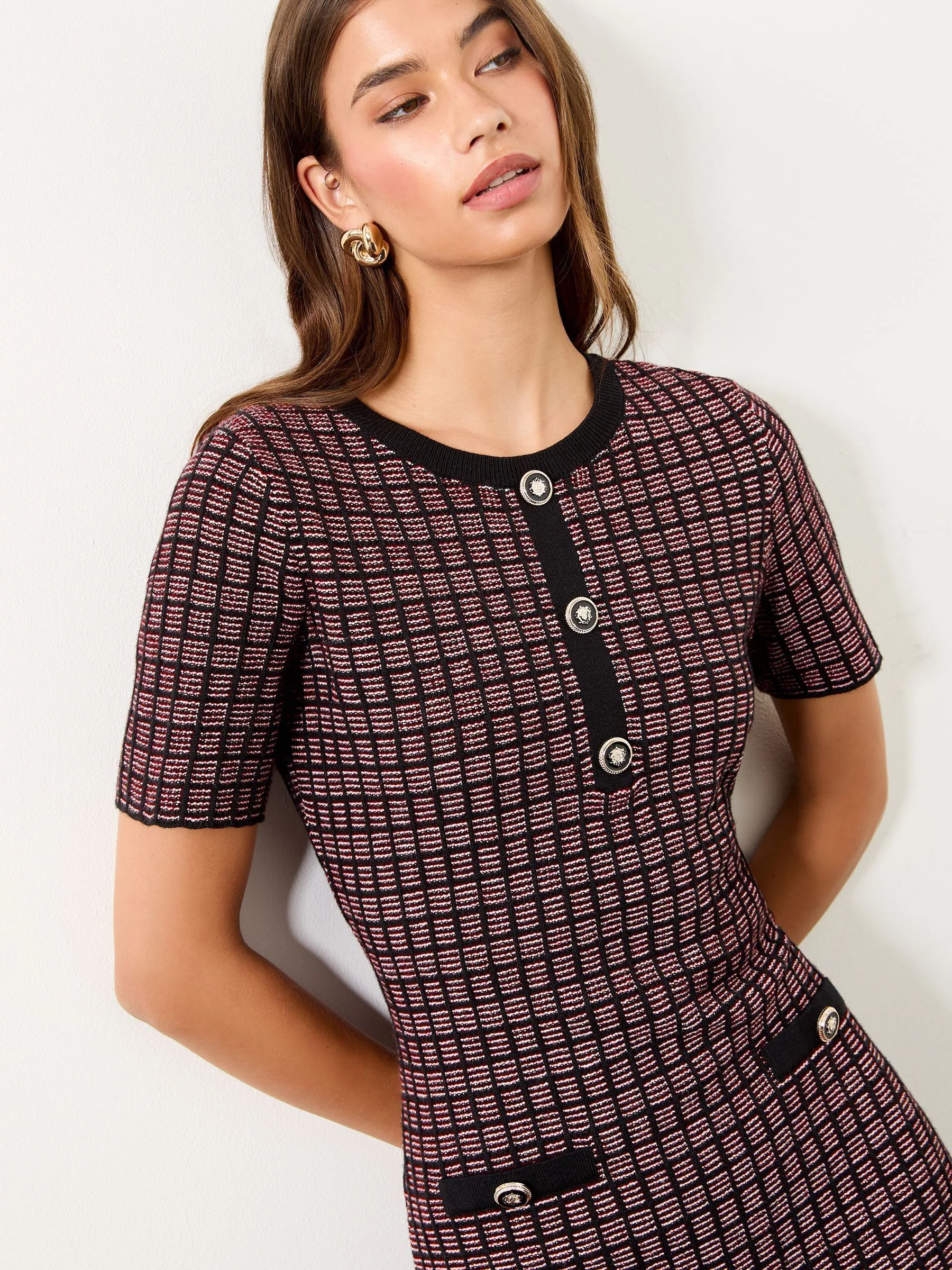 Rood/zwart - Lipsy Bow Check Boucle Mini Fit and Flare Dress