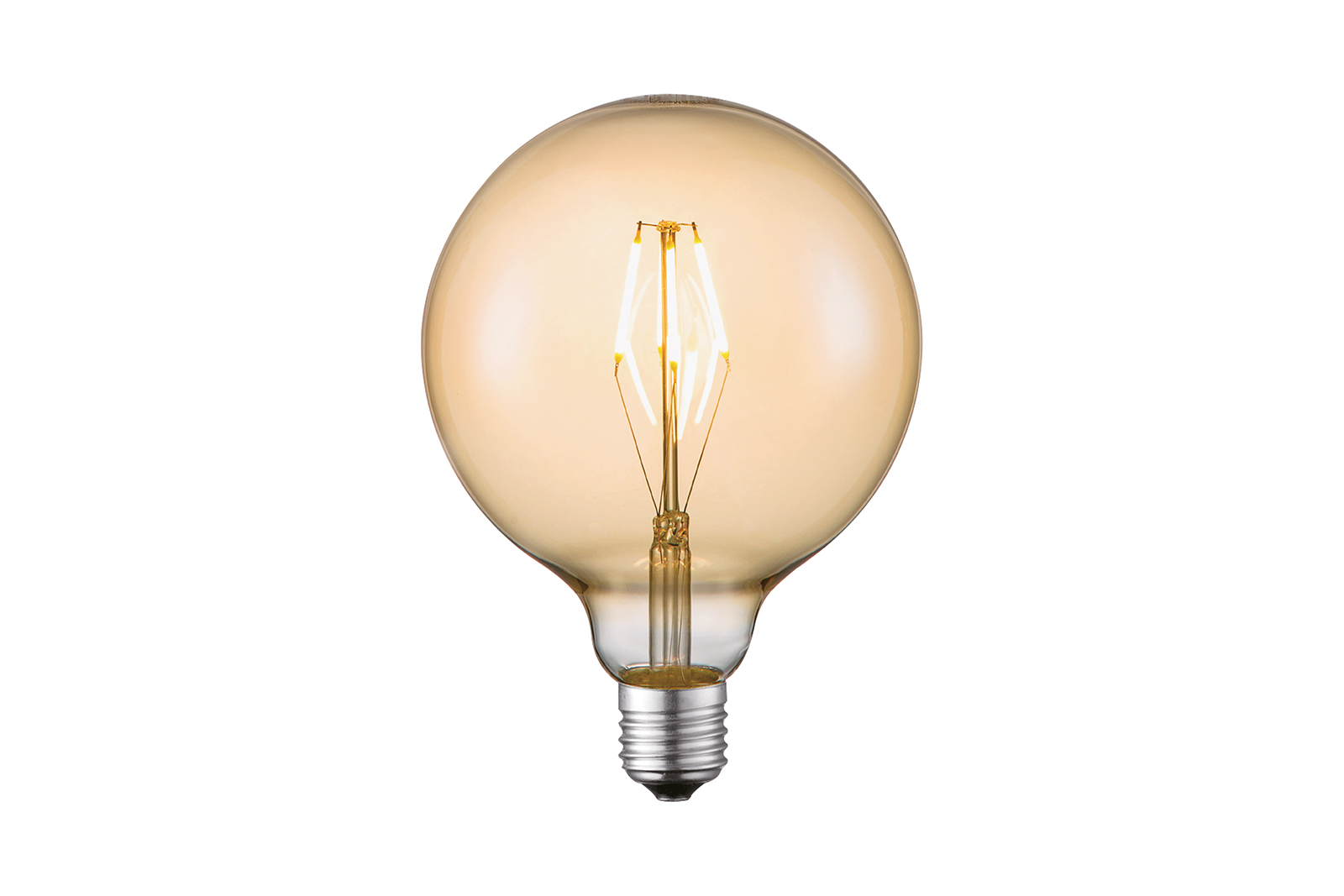 Globe LED-dekorpære E27 Gyllent glass med E27-sokkel og rette lystråder med varmhvitt lys. Dimbar. 320lm.\n