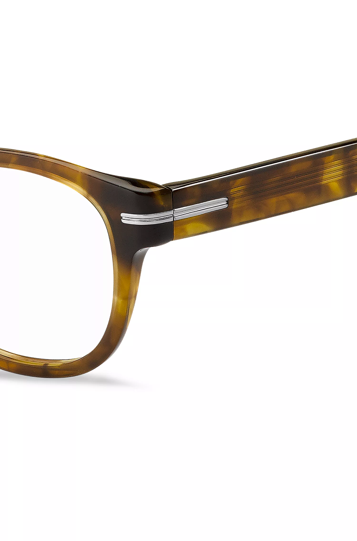 Armação de óculos BOSS em acetato preto Havana com detalhes prateados exclusivos.