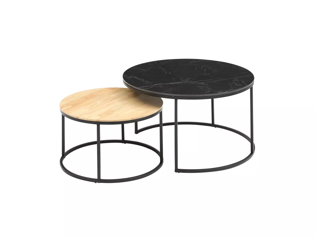 Tables basses gigognes en bois d'hévéa, céramique et acier - Effet marbre noir et naturel clair - JIEMBA
