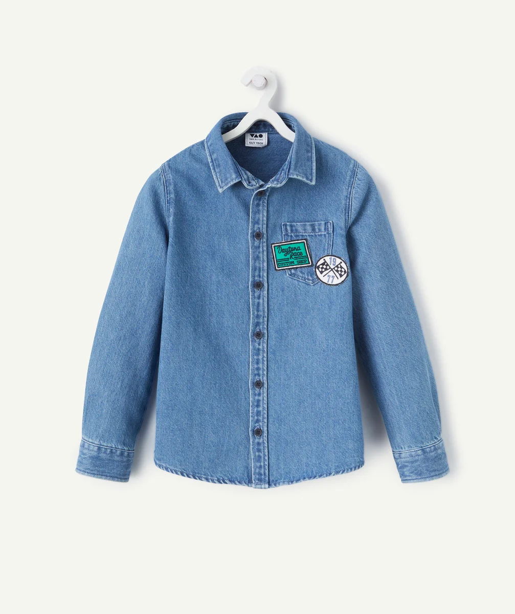 chemise garçon en coton et denim bleu avec poche et patchs thème circuit