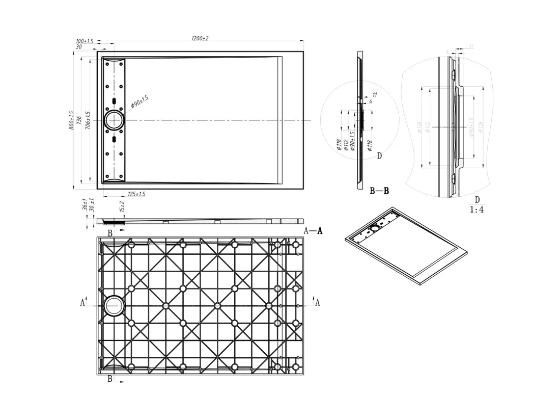 Receveur extra-plat à poser ou à encastrer découpable en résine SMC - Noir - 120 x 80 cm - LYROSA