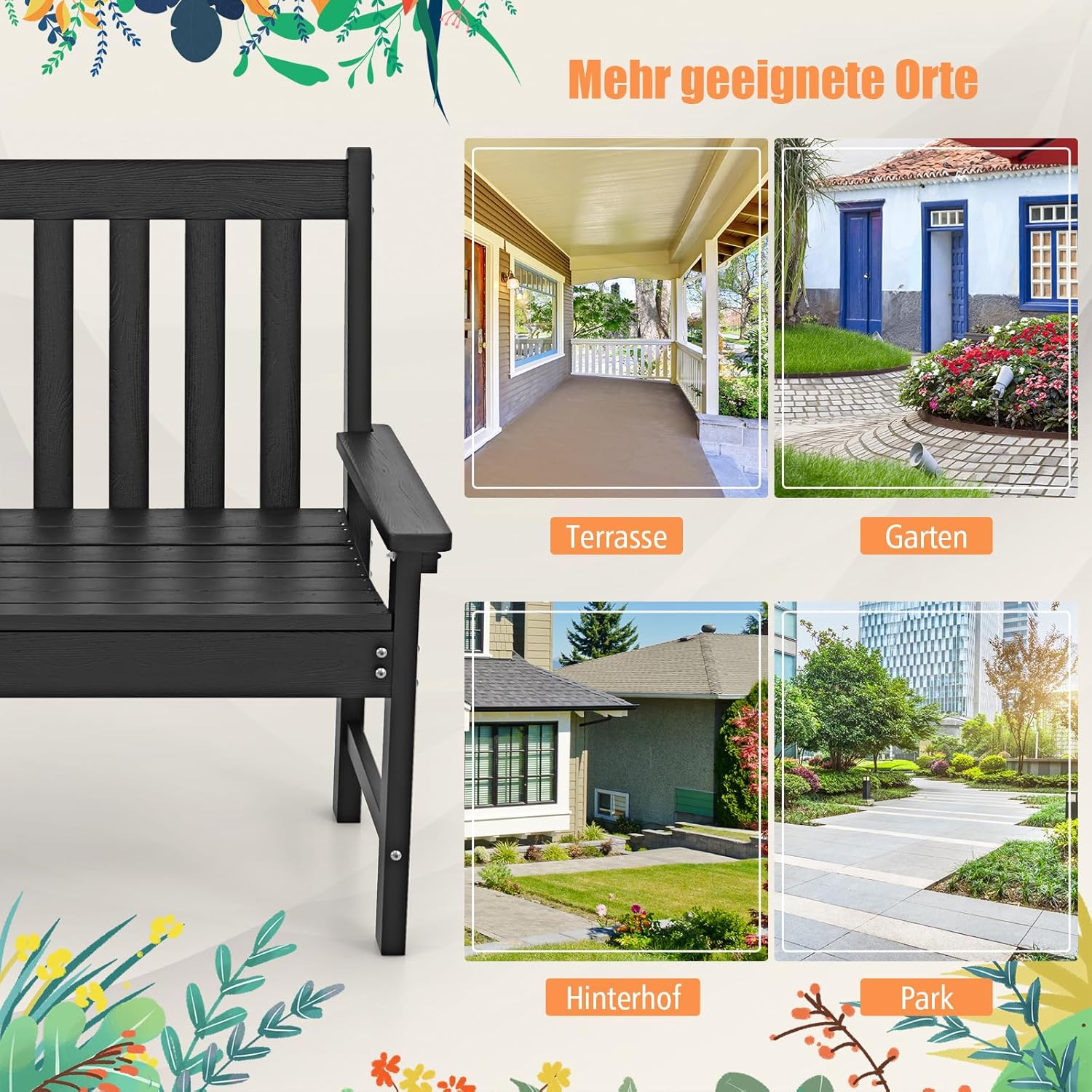 COSTWAY Gartenbank wetterfest, Allwetter-Sitzbank aus HDPE, Parkbank für 2-3 Sitzer, Balkontank bis 320kg belastbar, Terrassenbank für Garten, Balkon und Terrasse, 132 x 65 x 91 cm (Schwarz)