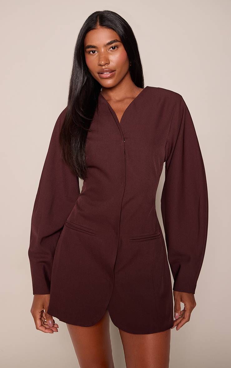 Prune Robe Blazer Sans Col En Tissu Tissé À Manches Ballon