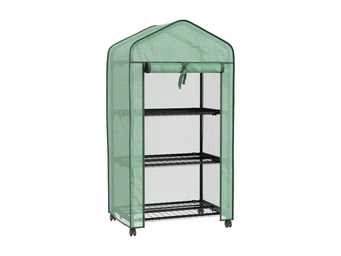 Mini serre de jardin 3 étagères porte enroulable 4 roulettes PE