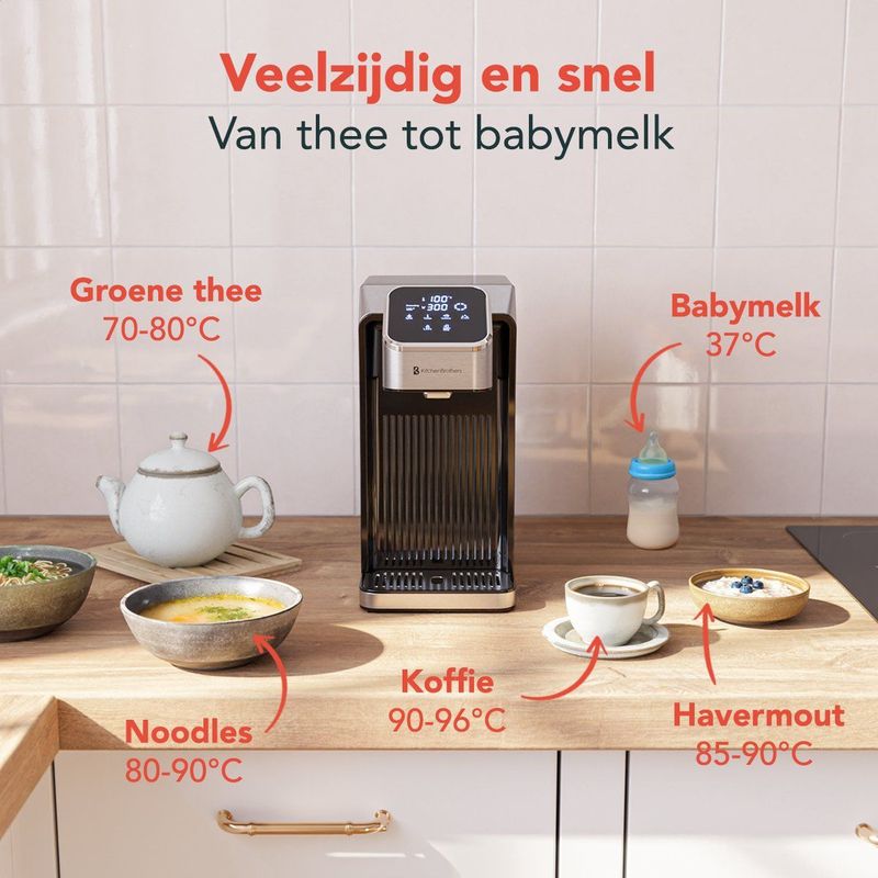 KitchenBrothers Heetwaterdispenser - Heetwatertap - 40-100°C - 100/150/200/250/300/350/400 ml - Melkfunctie - 2.7L – RVS