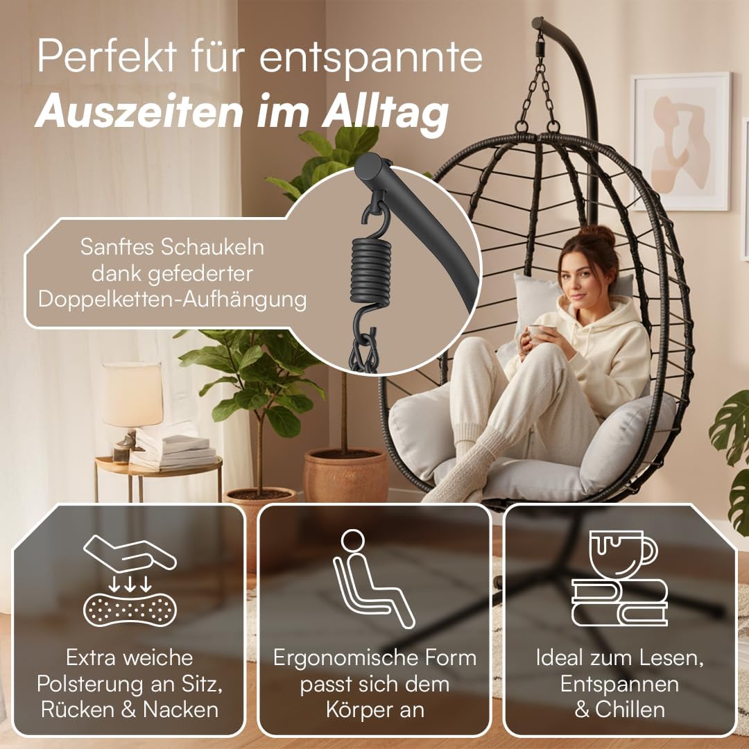 STEELSØN Alarian Hängesessel mit Gestell – Hängestuhl Rattan Outdoor & Indoor mit Kissen – Hängekorb Schwarz/Grau höhenverstellbar – Gartenschaukel Erwachsene/Kinder – Hanging Chair faltbar bis 150kg