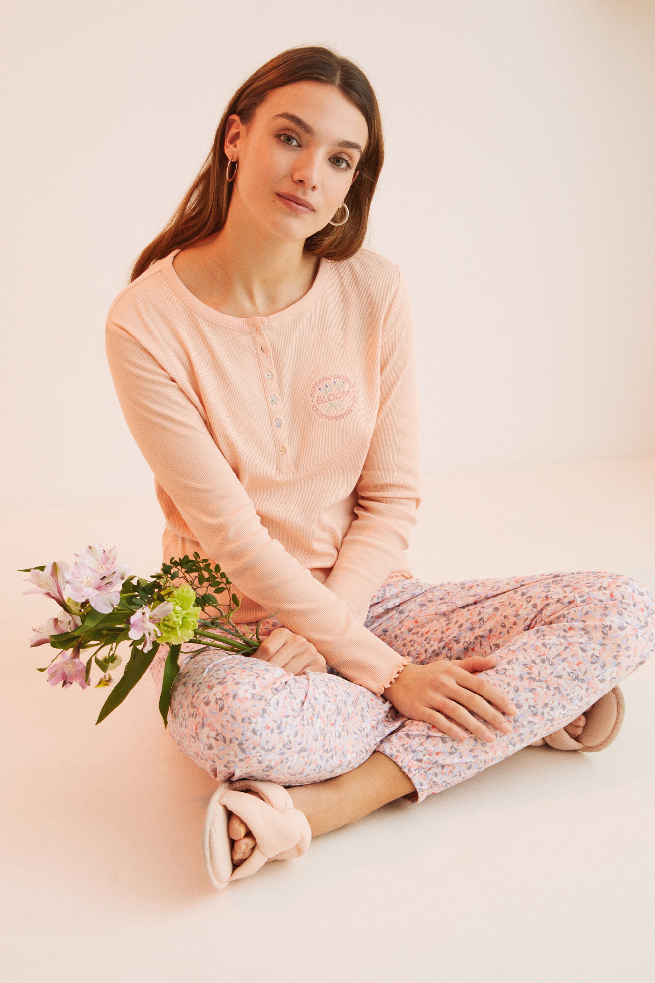 Pijama floral laranja 100% algodão - laranja