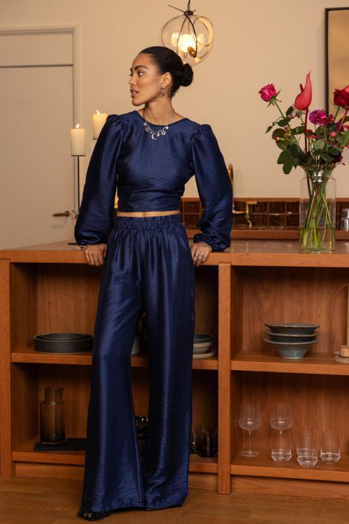 Donkerblauwe wide leg broek met elastieken band
