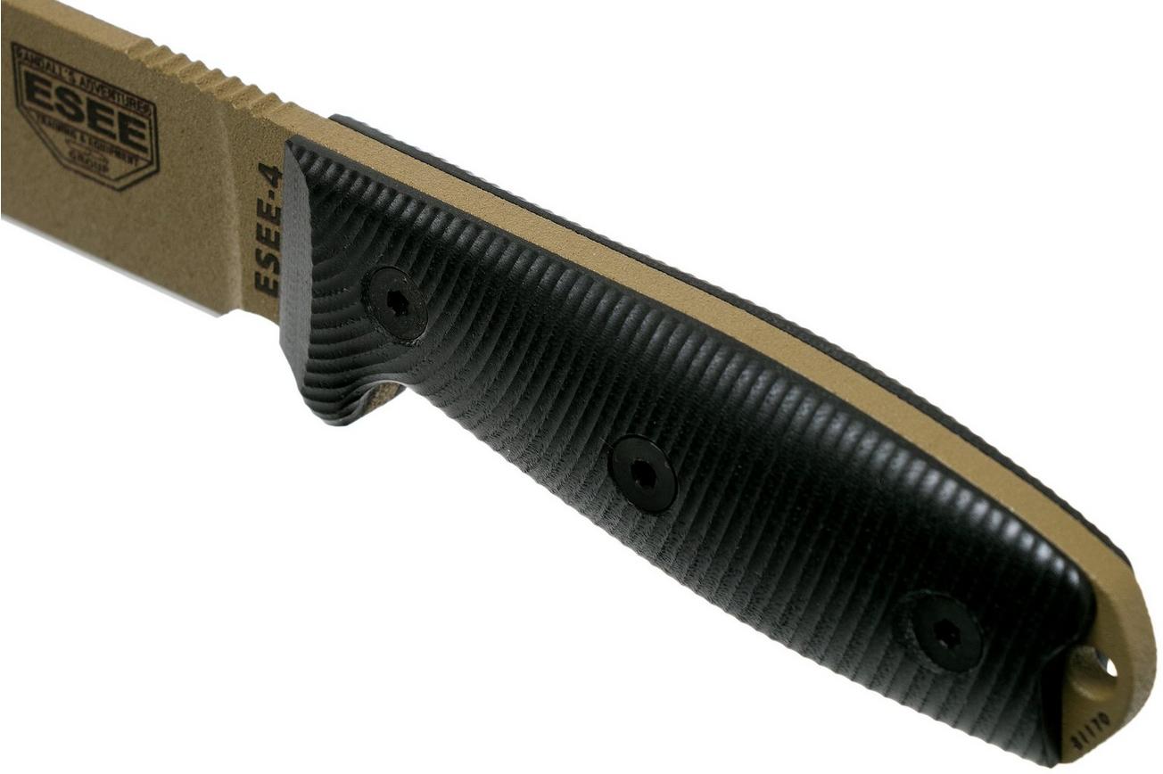 ESEE Model 4 Dark Earth Blade 3D Black G10 survivalmes 4PDE-001 zwarte schede   riemclip