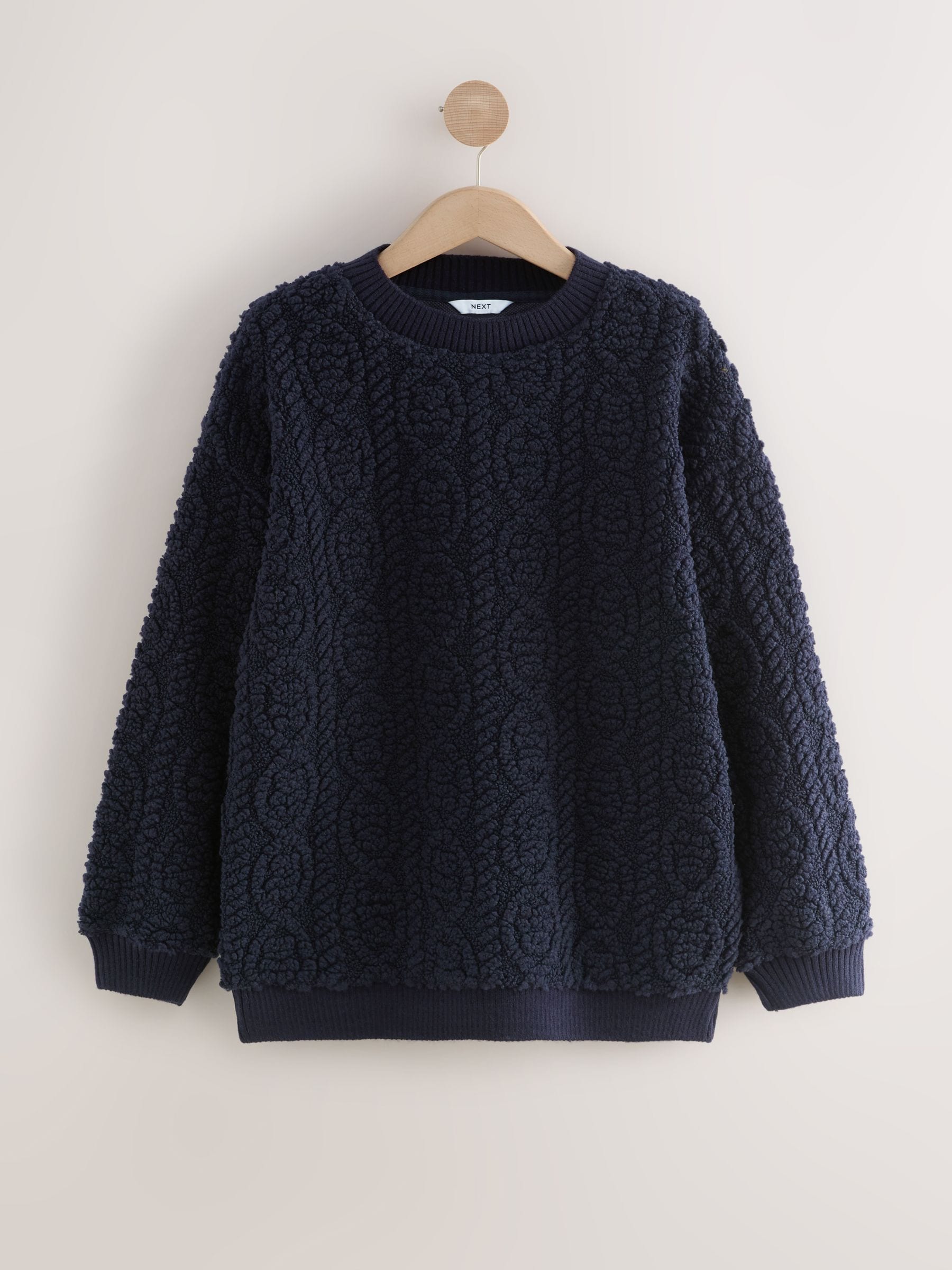 Donkerblauw - Fluffy Soft Borg Cable Long Sleeve Crew Neck Sweatshirt