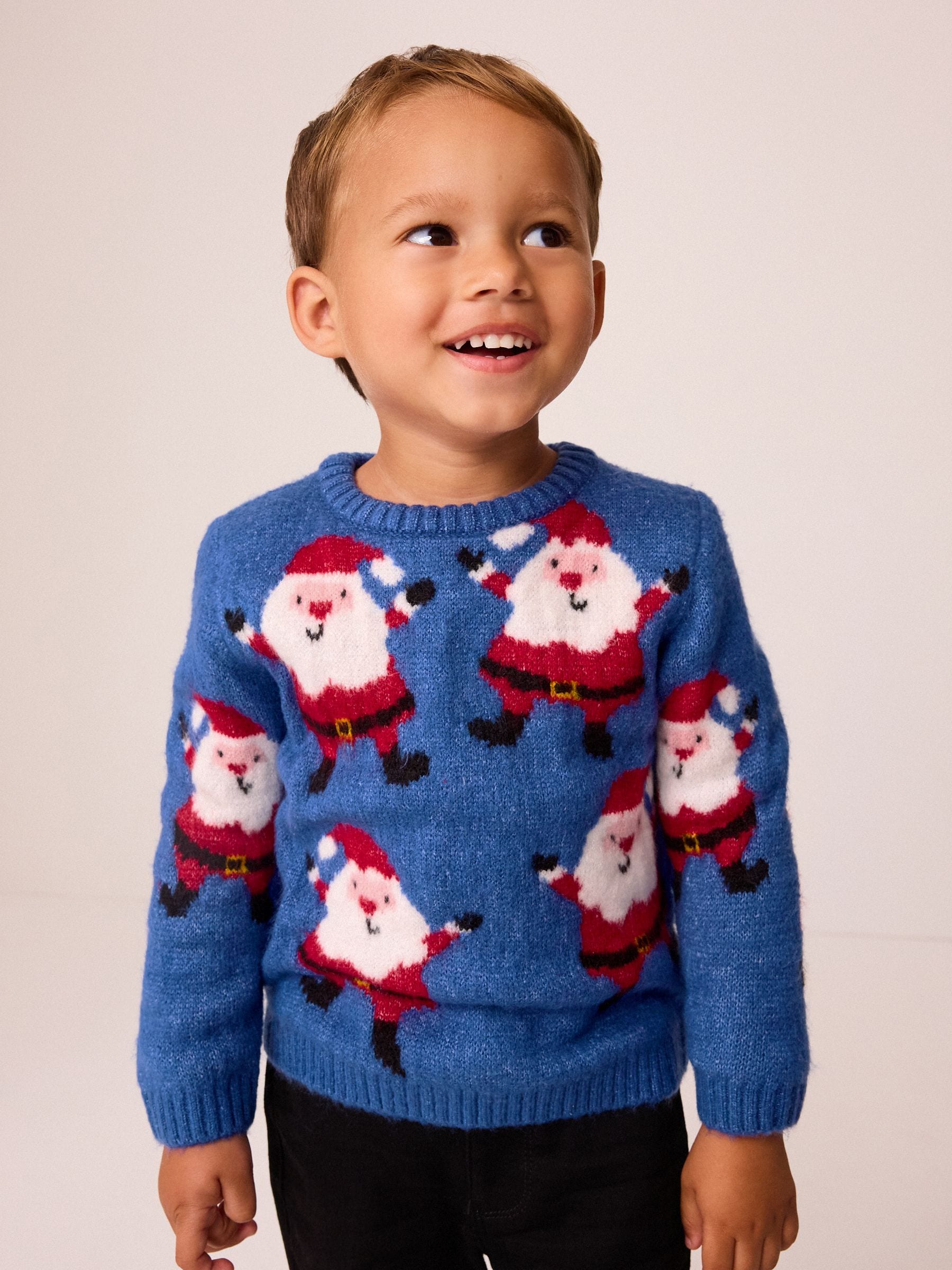 Blauw met kerstman - Kersttrui met ronde hals (3 mnd - 7 jr)