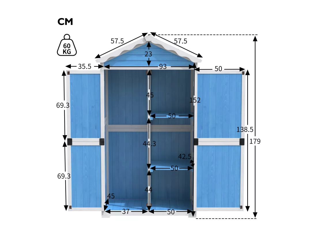 Abri de jardin en bois massif avec toit pente résistant aux intempéries - 2 portes 3 étagères - 93 x 45 x 179 cm - Bleu