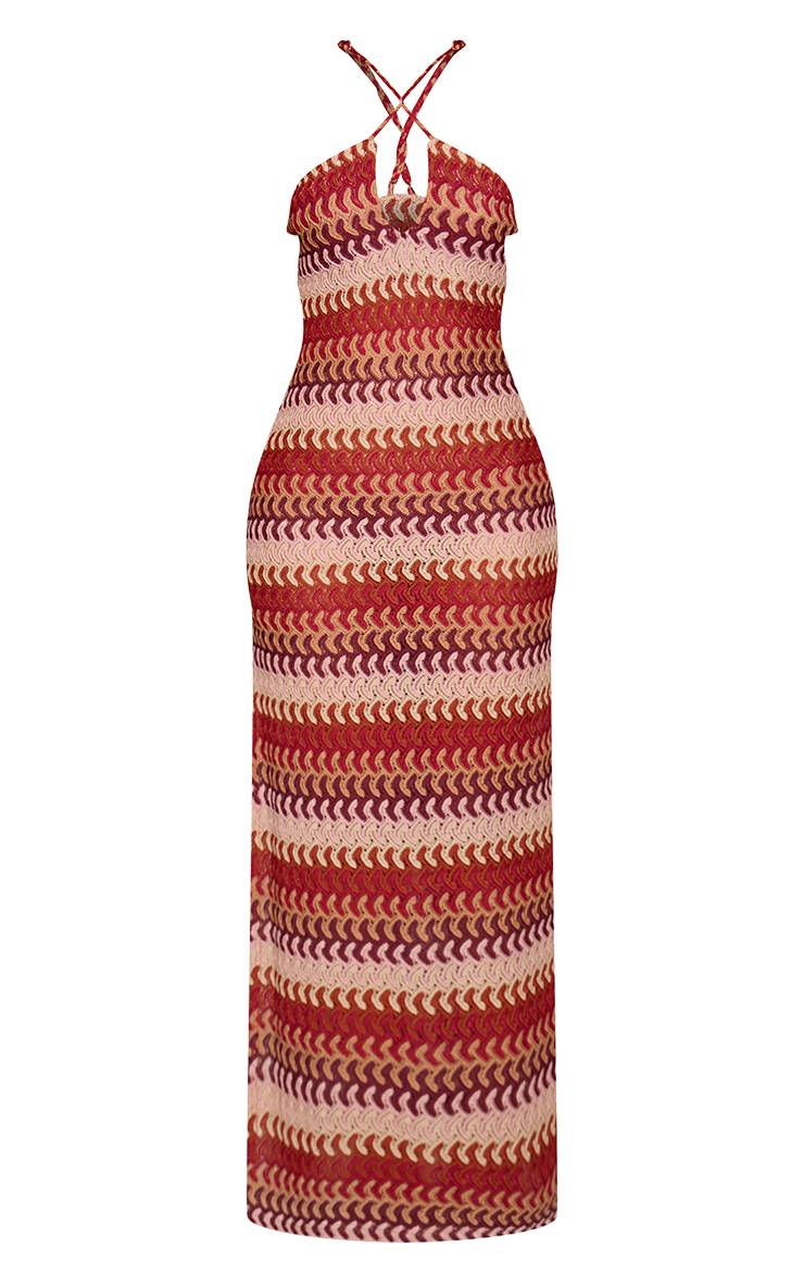 Rose Robe Maxi Petite En Crochet À Rayures Avec Col En V Et Bretelles