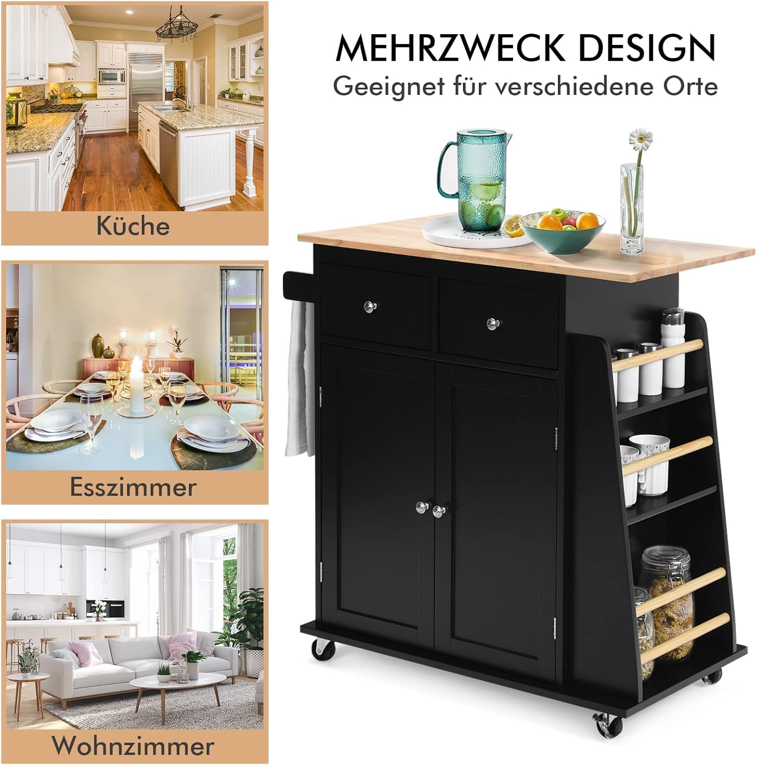 COSTWAY Küchenwagen mit Arbeitsplatte, rollender Kücheninsel aus Gummiholz mit Handtuchhalter, verstellbarem Regal & 2 Schubladen & Gewürzregal, Servierwagen modern mit Räder mit Bremsen (Schwarz)
