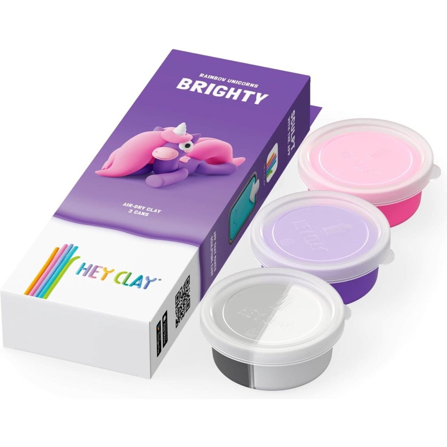 Hey Clay | Rainbow Unicorn Brighty | 3 Cans Boetseerklei