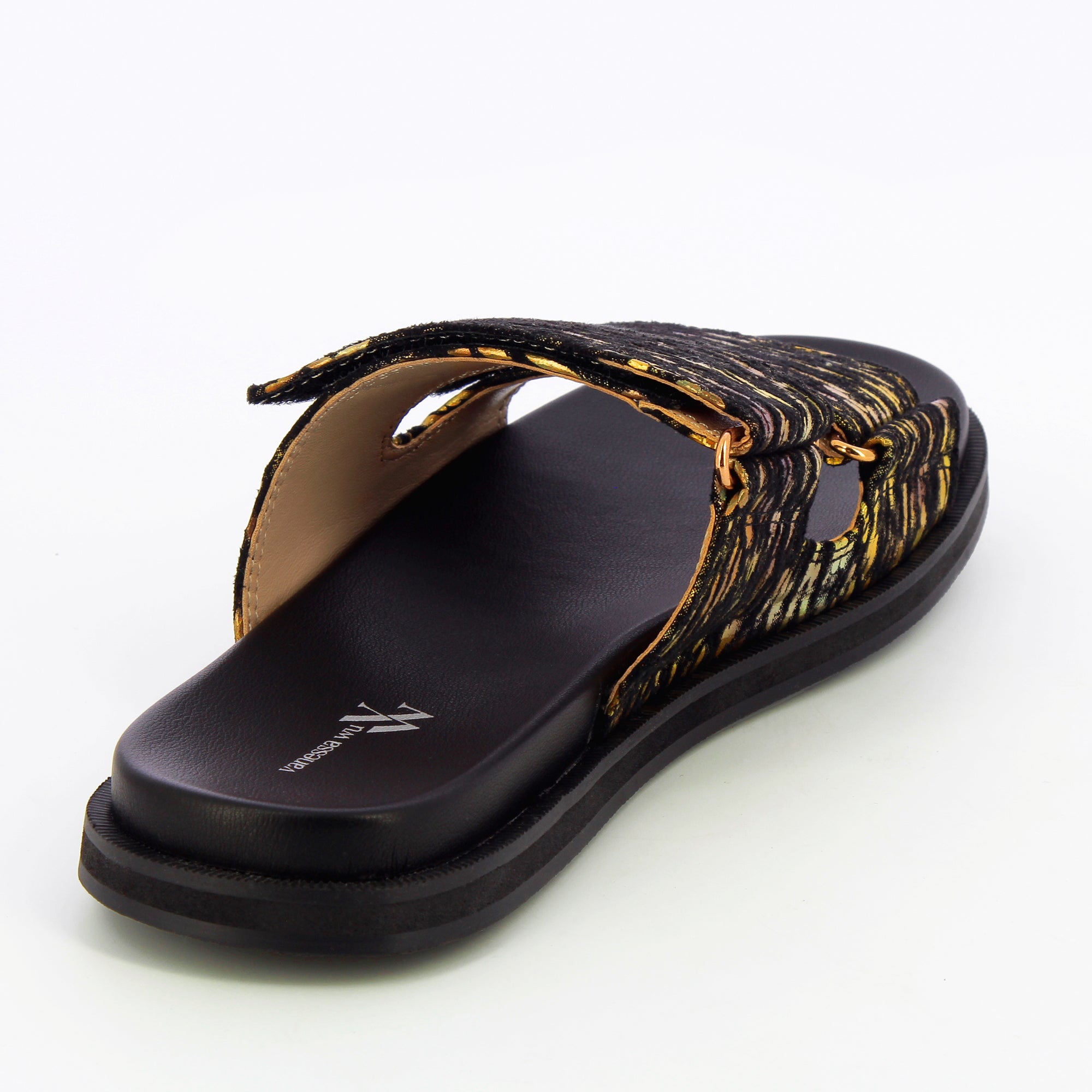 Sandales plates-Mules Philippine noir et or à scratchs