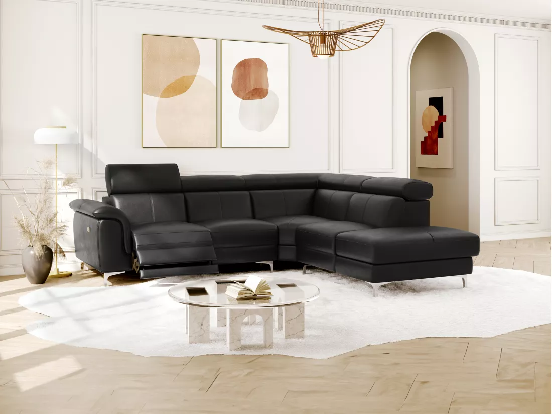 Canapé d'angle relax électrique en cuir SITIA - Noir - Angle droit