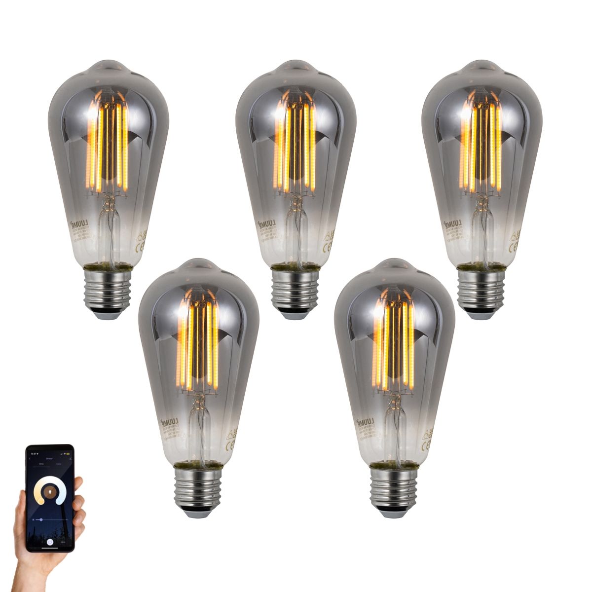 Set van 5 Smart E27 dimbare LED lampen ST64 smoke 4.9W 150 lm 1800K