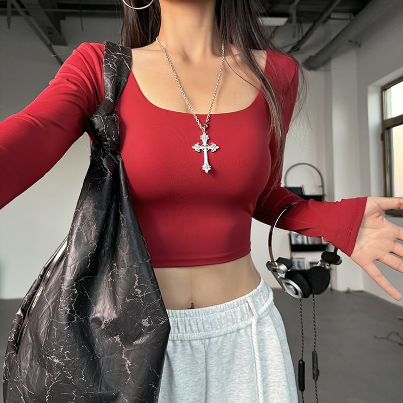 Faiar - Lange mouwen V-hals effen crop sporttop