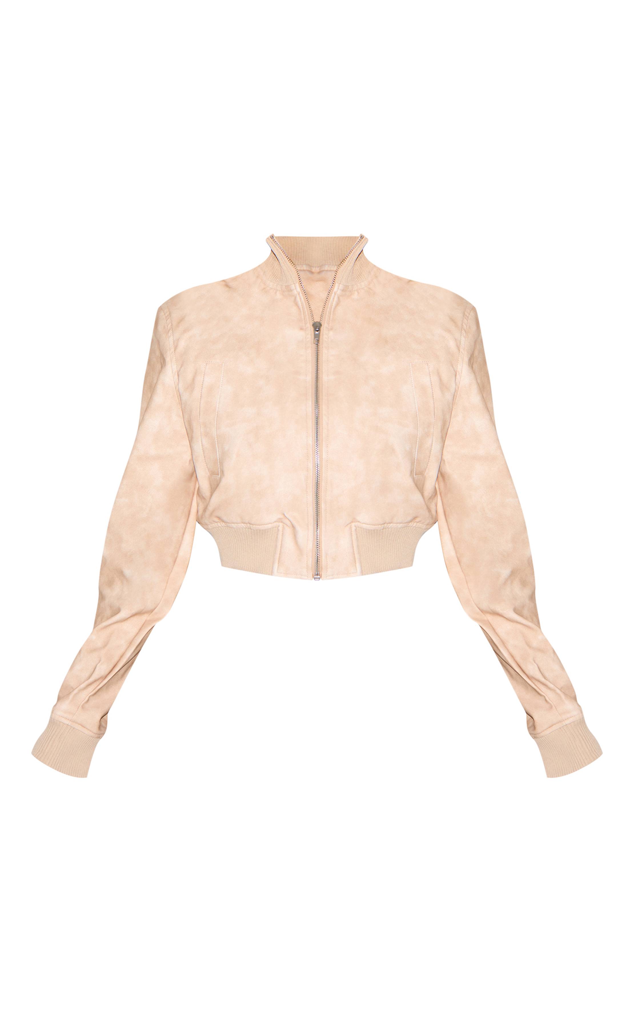 Gris Pierre Blouson Aviateur Court Synthétique Vieilli Col Montant Avec Épaulettes