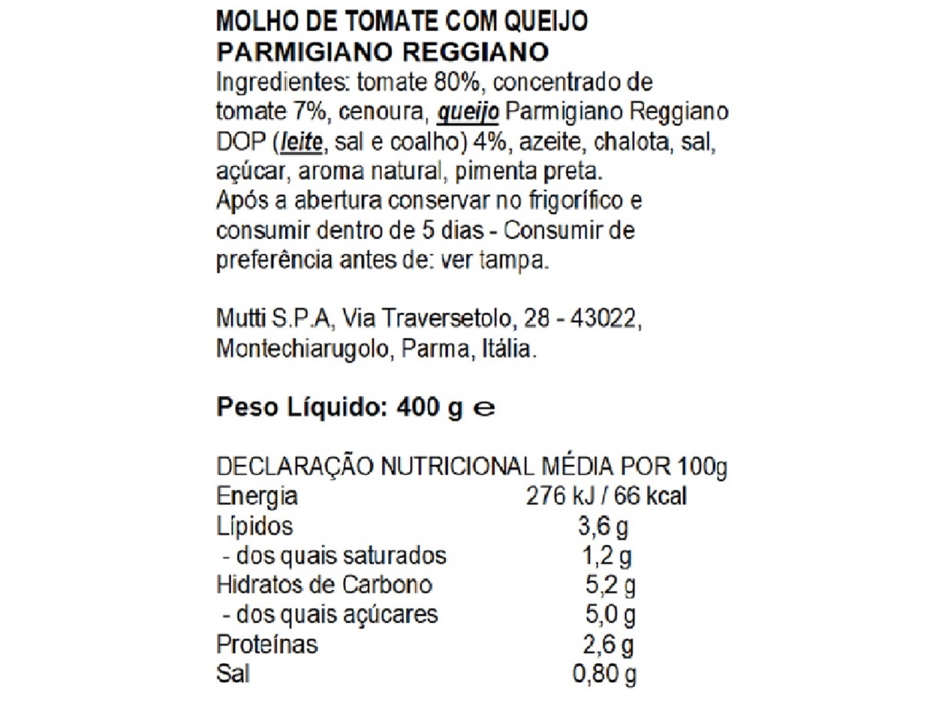 MOLHO MUTTI TOMATE COM PARMIGGIANO REGGIANO 400G
