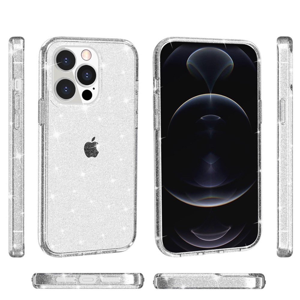 iPhone 14 Pro Hybrid Hardcase Schutzhülle im Glitzer Design - Silber / Transparent