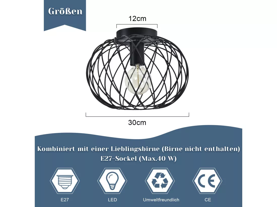 NETTLIFE Plafonnier E27 Rond Noir 30CM Max. 40W Lampe de Couloir en Métal Rétro Vintage Abat-Jour Industriel pour Allée Salon Chambre Cuisine