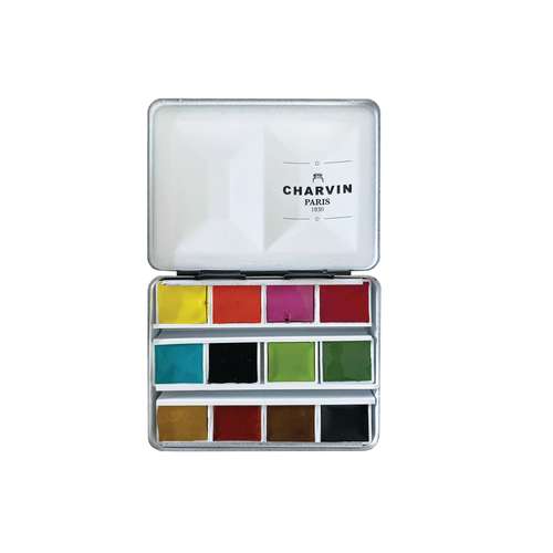 CHARVIN extrafeine Aquarellfarbe, 12 x 1/2 Näpf., Metallkasten