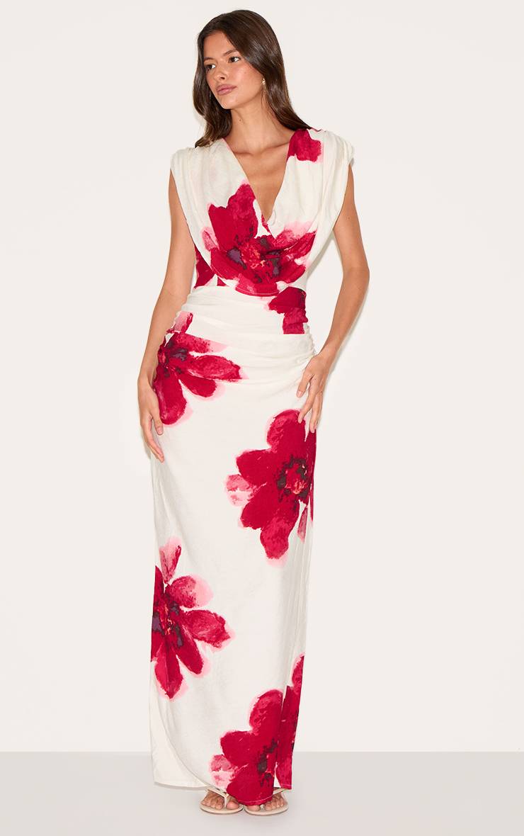 Rouge Robe Longue Imprimée À Col Bénitier Et Détails Froncés